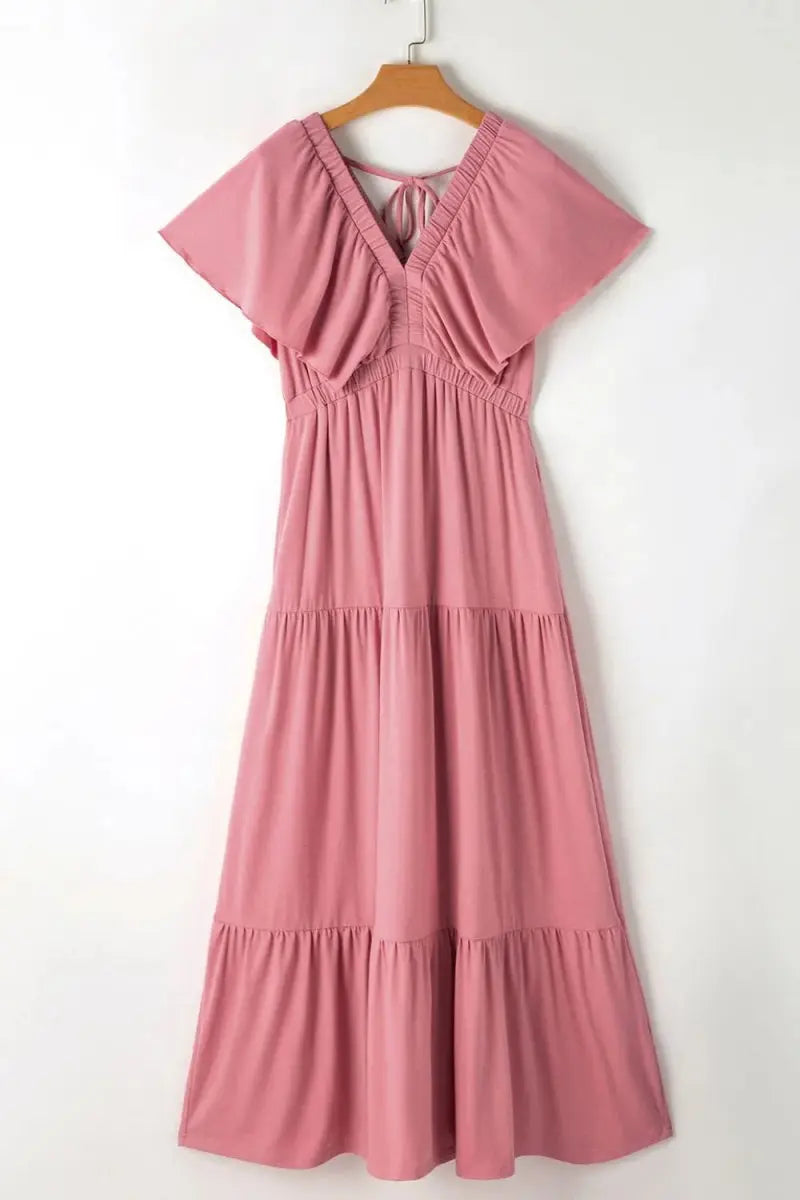 Ruffled V Neck Flutter Sleeve Maxi Dress for Women - Love Salve